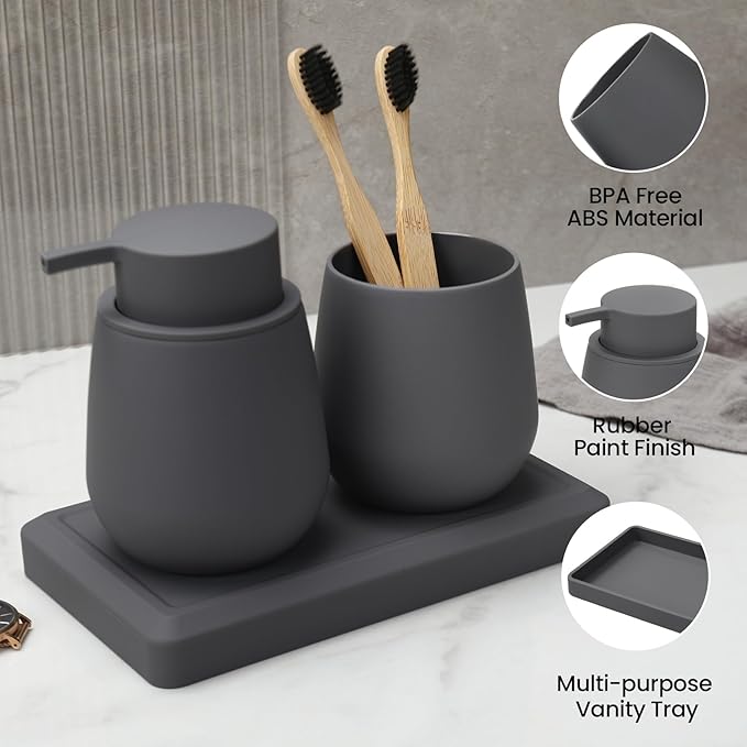 Bathroom Accessories Set, Modern 3 Pcs Bathroom Essentials - Soap Dispenser, Toothbrush Holder & Tray, Countertop Vanity Organizer (Gray)