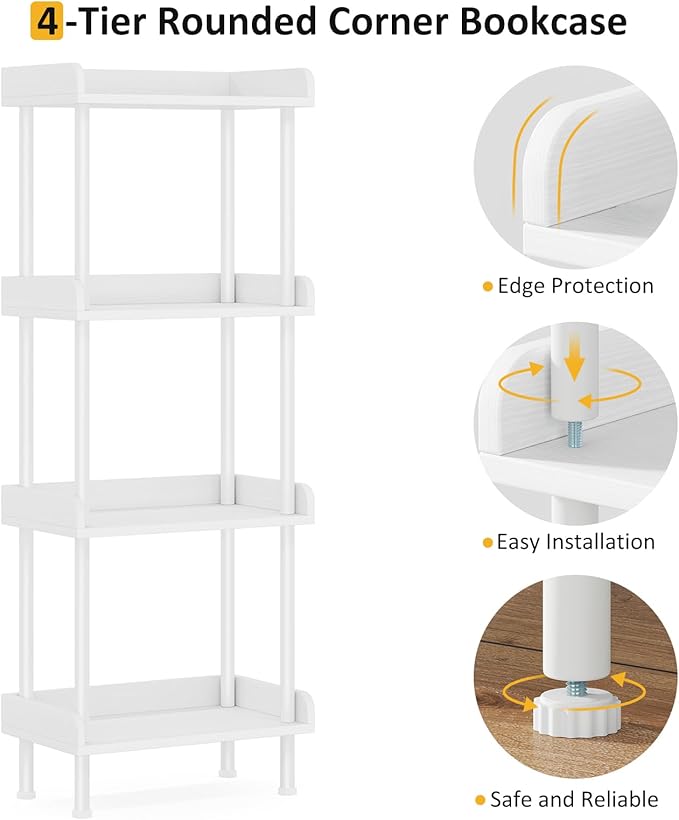 Hosfais Bookcase 4 Tier Bookshelf, Vintage Small Bookshelf for Spaces, Wooden Book Shelf for Living Room Bedroom （White）