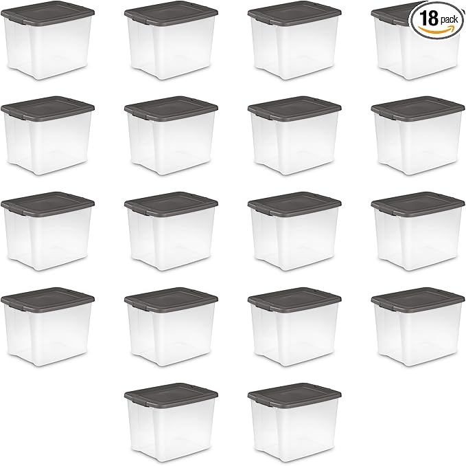Sterilite 18-Pack Plastic Storage Bins w/ Lids, Shelf Totes Clear Containers, 50 Qt, Gray