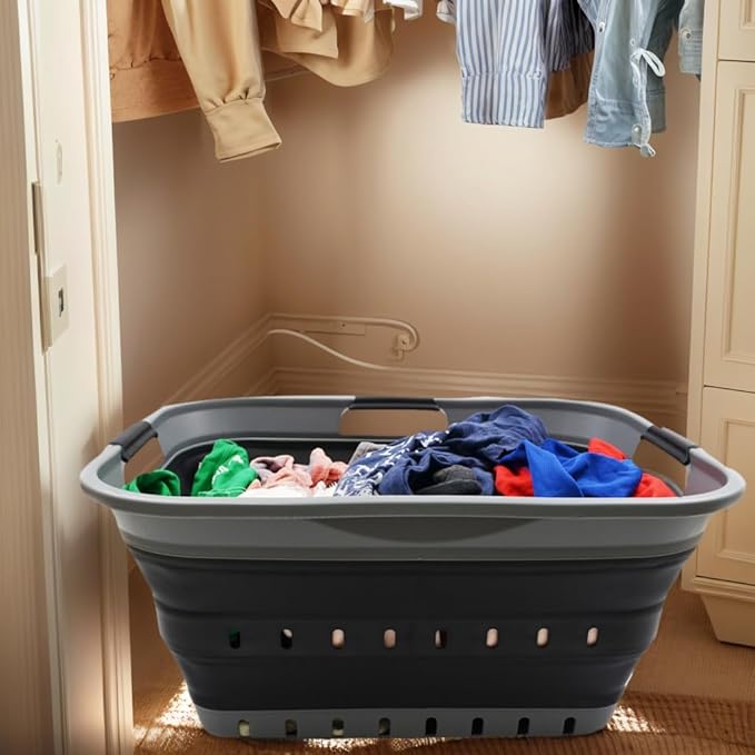 SAMMART 42L (11 gallon) Collapsible Plastic Laundry Basket - Foldable Pop Up Storage Container/Organizer - Portable Basket - Space Saving Hamper/Basket (2, Grey/Black)