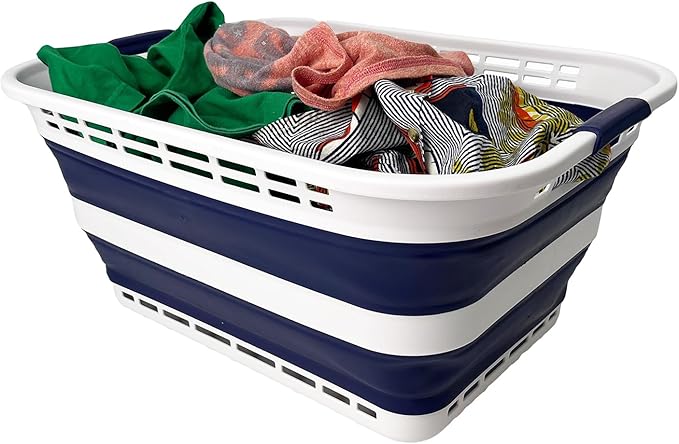 SAMMART 42L (11 Gallons) Collapsible Plastic Laundry Basket - Foldable Pop Up Storage Container/Organizer - Portable Washing Tub - Space Saving Hamper/Basket [BPA Free] (White/Starry Blue)