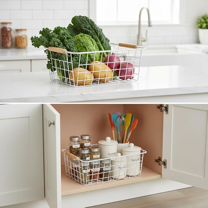 Metal Wire Food Storage Basket Organizer with Wooden Handles for Organizing Kitchen Cabinets 6 Pack (White, Medium)