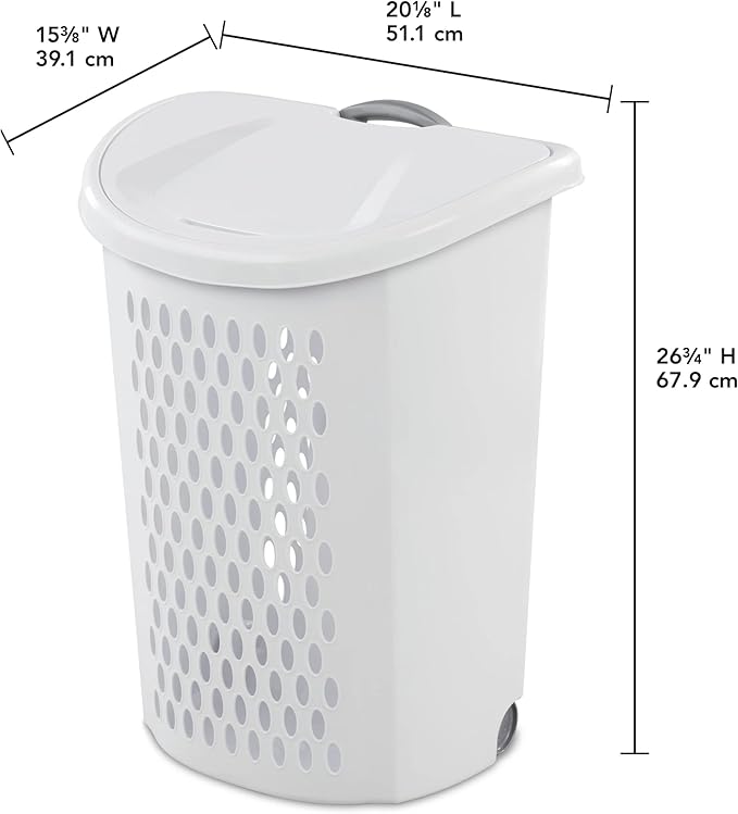 Wheeled Plastic Laundry Hamper with Handle, White - Easy Transport for Laundry, Durable Plastic, Rolling Design, Perfect for Bathroom & Bedroom Storage