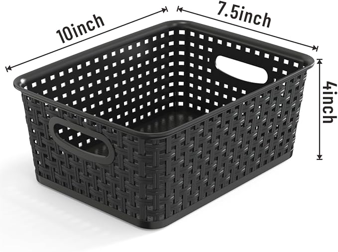 9-Pack Plastic Woven Storage Baskets Set - Black Organizer Bins for Shelves, Kitchen Pantry, Bathroom, Office | 10.1"L x 7.55"W x 4.1"H | Multi-Purpose Shelf Basket Organizers