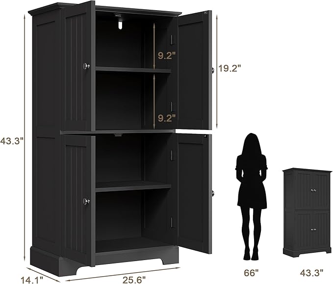 ChooChoo Bathroom Floor Cabinet, Modern Bathroom Storage Cabinet with 4 Doors and Adjustable Shelves, Freestanding Cupboard for Living Room, Kitchen Pantry, Black