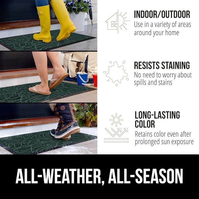 GORILLA GRIP 100% Waterproof All-Season WeatherMax Doormat 35x23, US Designed Natural Rubber, Stain and Fade Resistant, Low Profile Indoor Outdoor Door Mats, Easy Clean Patio Mat, Green Palm