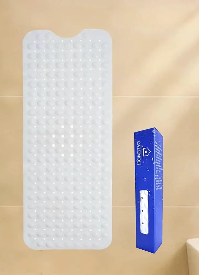 Bath and Shower Safety Mats 40x16 inch, Non Slip with Strong Suction Cups for Bathroom Stall and Tub Floor, Extra Large and Machine Washable, Drain Holes Keep Bathtub Clean, Soft on Feet, White