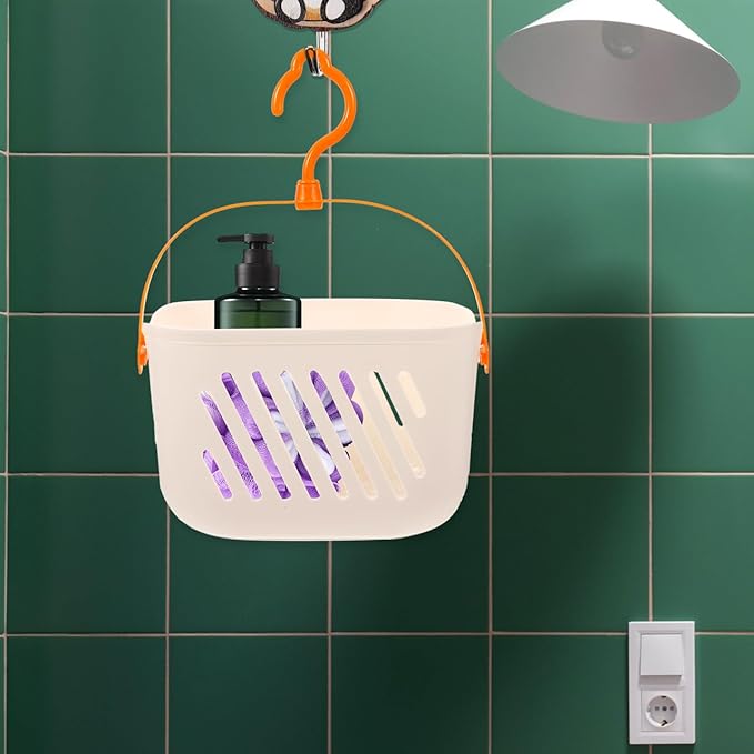 Angoily Small Shower Caddy, Plastic Hanging Basket for Shower with Hook Waterproof Storage Basket for Bathroom and Wall Mounted Organizer with Hollow Drainage Space Saving Storage Solution