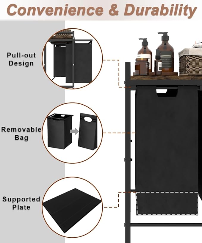 14.5 Gal Large Laundry Hamper with Wheels, Pull-Out & Removable Sorter Bags, Freestanding Clothes Basket Organizer for Clothing or Toys in Bathroom and Living Room, Rustic Brown and Black