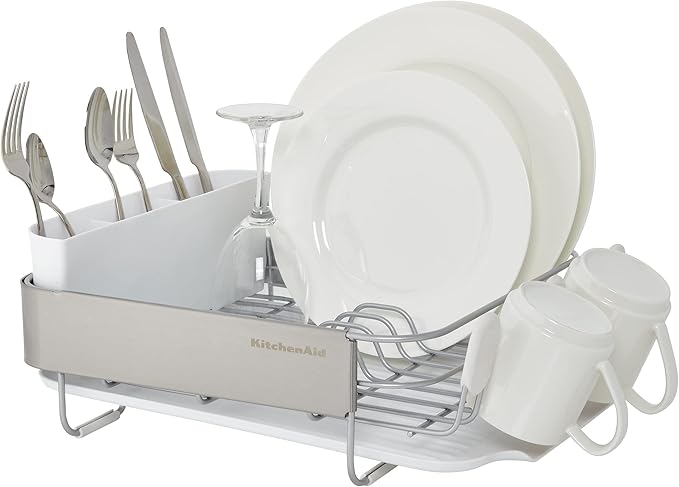 KitchenAid Compact Satin Wire Rust Resistant, Expandable Dish Rack with Angled Self Draining Drainboard with Removable Flatware Caddy, 23.18-Inch, Gray