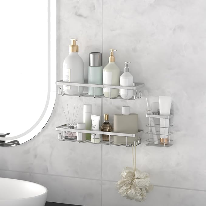 Uninol Shower Caddy Organizer with Hooks,Self Adhesive Bathroom Shelves,No Drilling Bathroom Organizers and Storage,Perfect for RV, Apartment, Home Decor,Silvery 4PCS