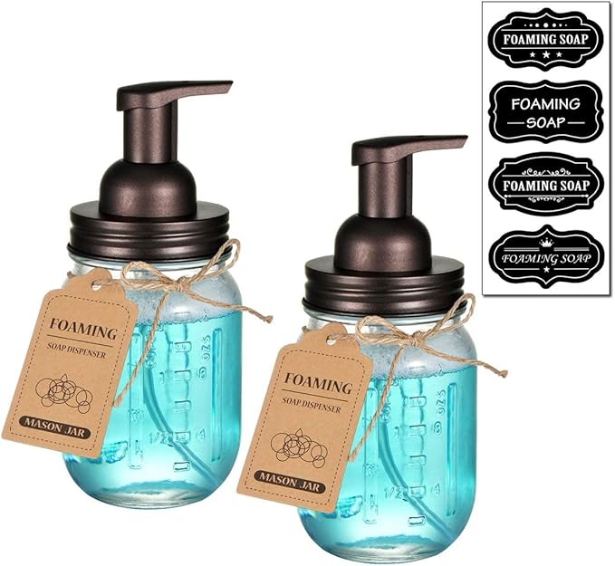 Amolliar Mason Jar Foaming Soap Dispenser, Rustproof Stainless Steel Lid, BPA Free Foam Pump, Waterproof Labels, Rustic Farmhouse Decor Refill Hand Soap Dispenser Bathroom Accessories– Bronze (2 Pack)
