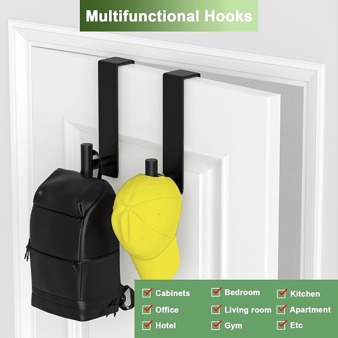 VINHOLD Heavy Duty Stainless Steel Over-Door Hook for Coats, Totes, Towels – Easy Install Door Hooks with Non-Slip Pads for Bedroom Bathroom Entryway Office (Black, 2 Pack, Fits 1-3/4" Thick Door)