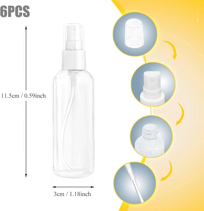 Spray Bottles 6 pcs, Refillable Cosmetic Spray Bottles, Small Refillable Liquid Containers, 2oz/50ml Clear Empty Fine Mist Plastic Mini Travel Bottle