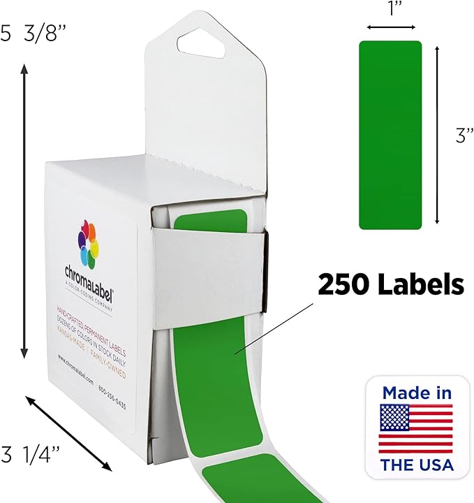 ChromaLabel 1 x 3 Inch All Purpose Permanent Color Code Rectangle Labels, 250 Labels per Dispenser Box, Green