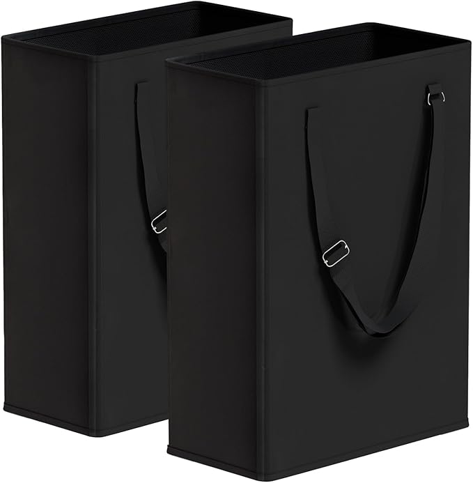 TECHMILLY Slim Laundry Hamper with Adjustable Long Handles, 45L Small Laundry Baskets with Mesh Top, Narrow Dirty Clothes Hamper for Bedroom, Closet, and Bathroom - Black, 2 Packs