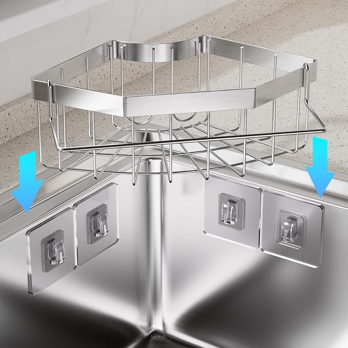 Corner Sink Sponge Drying Rack with Towel Bar, Black Stainless Steel, Multipurpose Kitchen Organizer, Self-Adhesive Installation