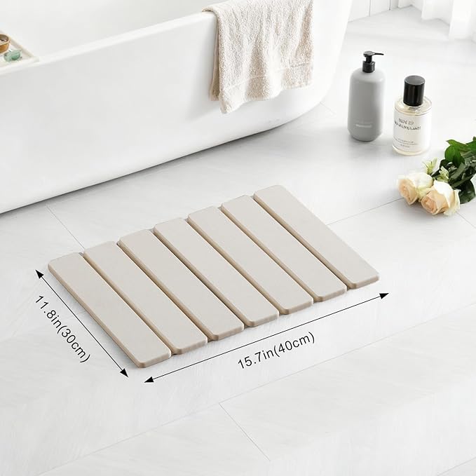 ODE TO ORDER 15.76 Inch Super Absorbent Diatomaceous Earth Mat for Bathroom, White Easy Clean Rollable Foldable Stone Bath Mat, Non-Slip Quick Dry Shower Mat for Kitchen,Outdoor Use