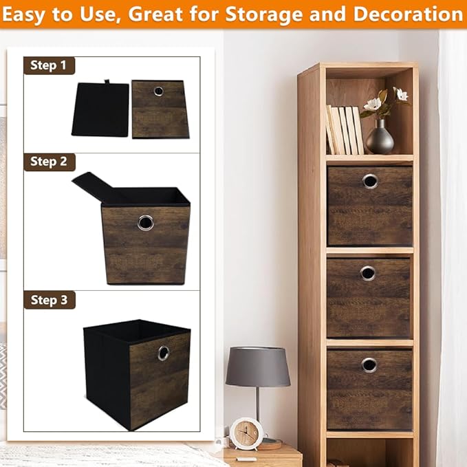 4 Pack Durable Storage Cube Bins with Decorative Wood Grain,Thickened Fabric Box,Storage Basket for Shelves,Closet,Storeroom,Bedroom,Living Room,Nursery,Office,Dorm,RV, 12x12x12in ( (Medium)