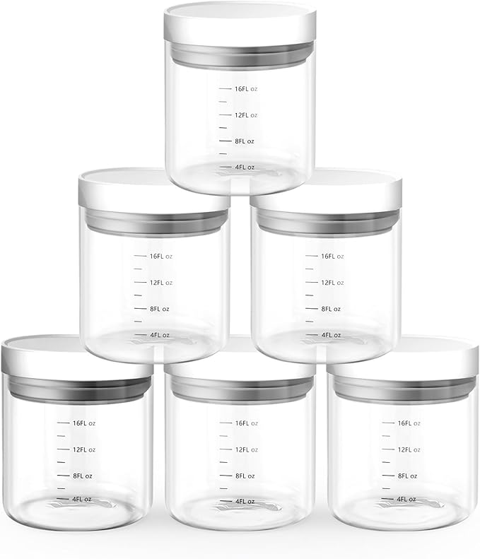 Danbark Set of 6 18oz Airtight Glass Storage Canisters with Lids - Pantry Organizers and Storage Glass for Kitchen - for Pantry, Flour, Sugar, Coffee, Tea, Pasta, Rice, and Snacks - White