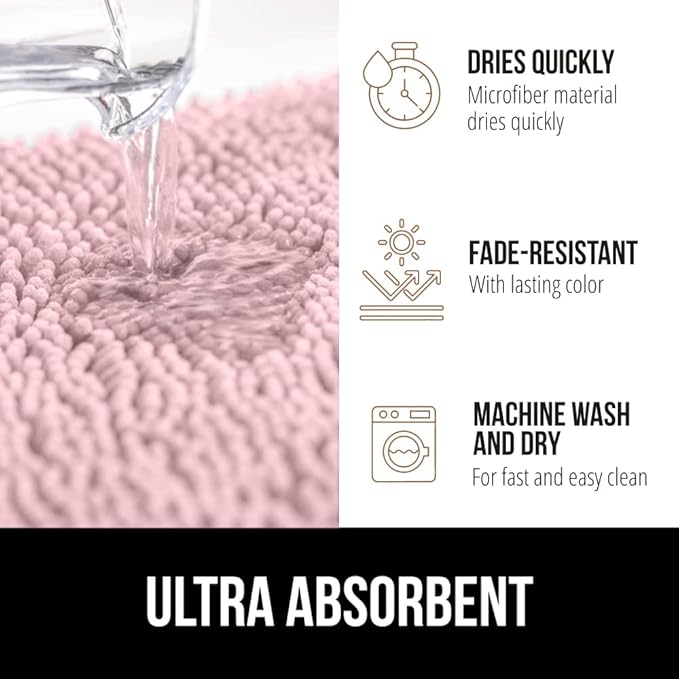 GORILLA GRIP Bath Rug Mat, Thick Soft Absorbent Chenille, Quick Dry Microfiber Mats, Rubber Backing Washable Shower Floor Rugs, US Designed Bathroom Bathmat Home Decor Accessories, 24x17 Light Pink
