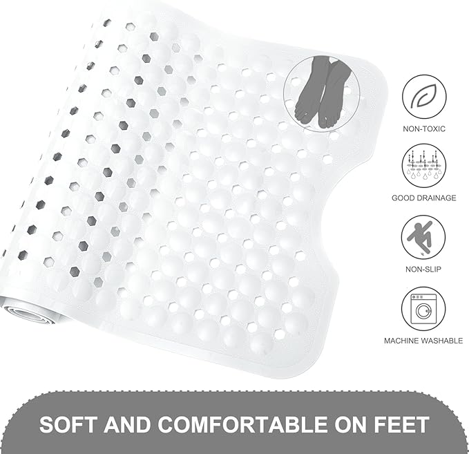 Bath Tub and Shower Mats, Non Slip 40 x 16 Inch Extra Large Bathtub Mat, Machine Washable Bathmat with Drain Holes, Suction Cups for Bathroom Floor, White