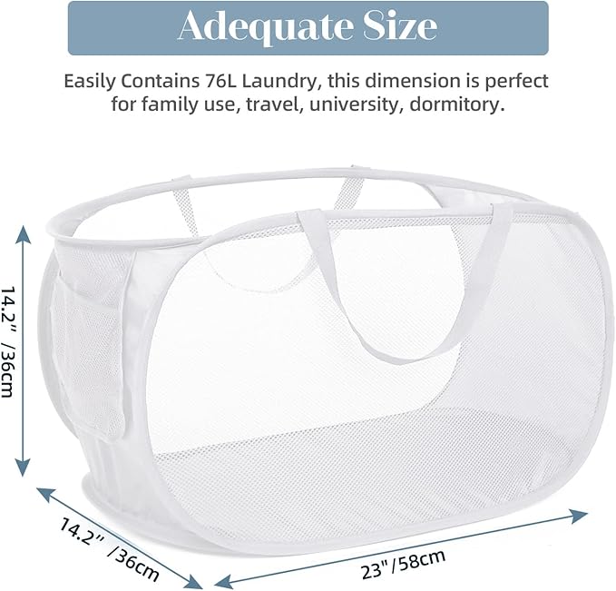 2 Pcs Durable Collapsible Laundry Baskets - Reinforced Mesh Pop Up Laundry Hamper with Pocket, Foldable Dirty Clothes Hamper with Carry Handles for Laundry, Bathroom, Kids Room, Dorm or Travel White