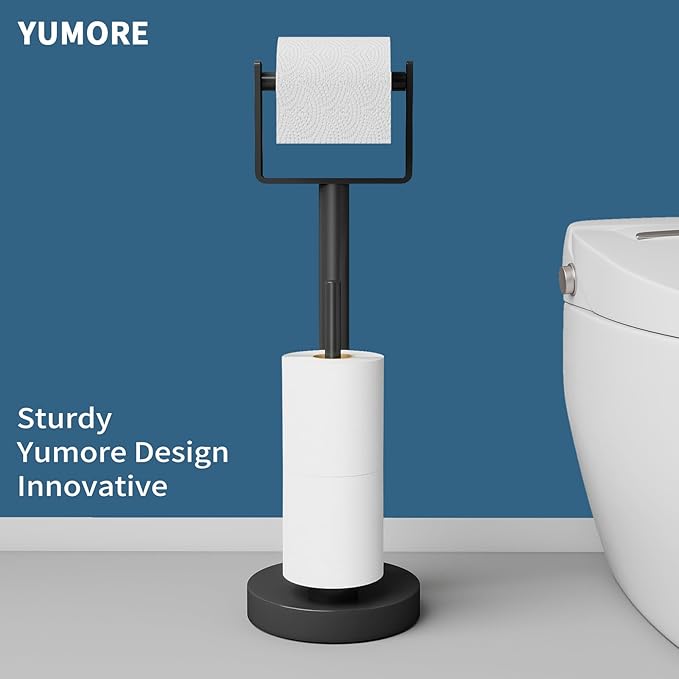 YUMORE Toilet Paper Holder Stand up with Storage, Bathroom Weighted Base Floor Toilet Paper Roll Holder Free Standing for 3 Rolls, Matte Black Bath Stainless Steel Extra Tissue Holder