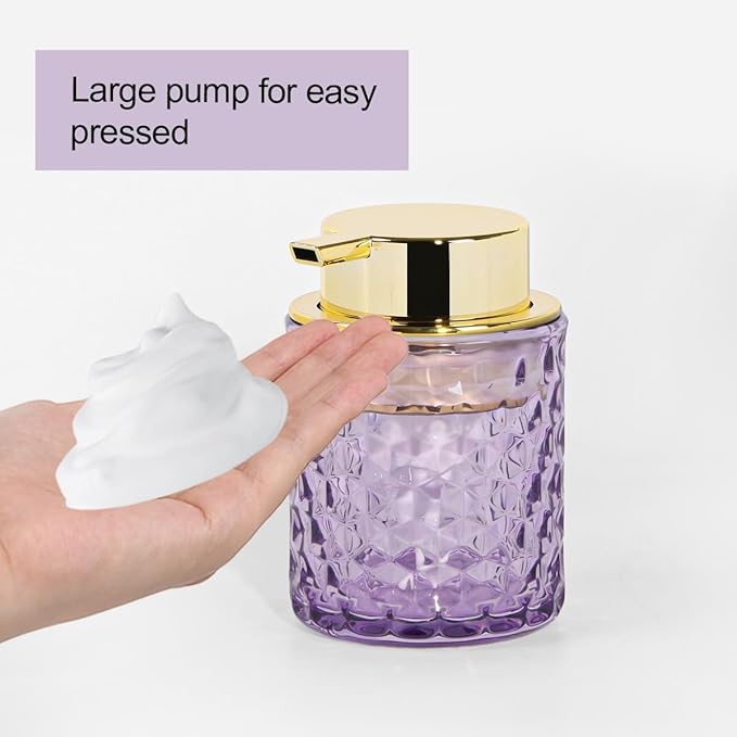 Bathroom Accessories 2 Piece Set Glass Soap Dispenser and Toothbrush Holder, 10oz Foaming Soap Dispenser, Purple Toothbrush and Toothpaste Holder Organizer Cup for Modern Bathroom Decor