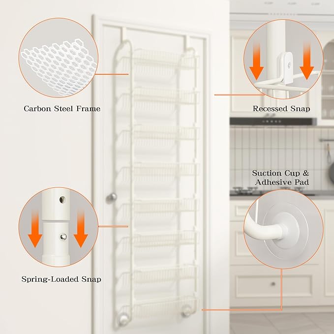 MIAOLI Over the Door Pantry Organizers and Storage, 8-Tier Spice Rack, Home & Kitchen Storage Shelves for Cabinet, Large Capacity Hanging Seasoning Organizer, Laundry Room Organization, White