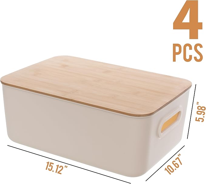 Citylife 4 PCS Storage Bins with Bamboo Lids Plastic Storage Containers for Organizing Stackable Storage Box with Handle, 15.12 x 10.67 x 5.98 inch