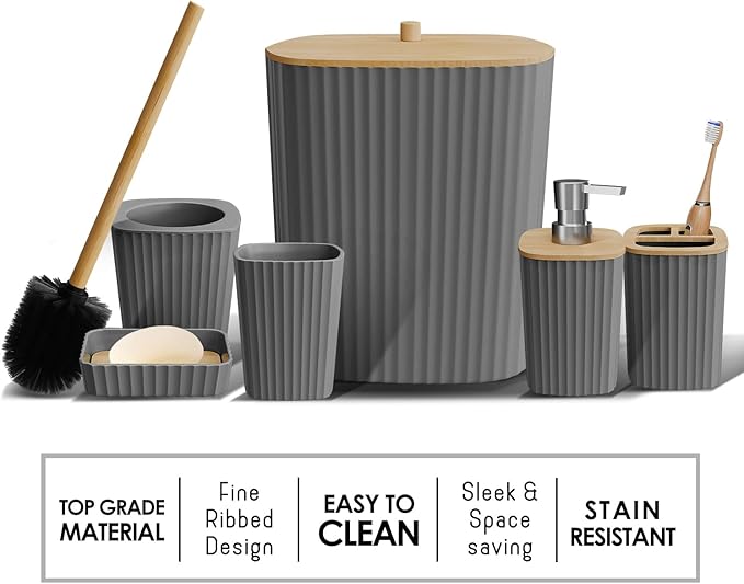 Clara Clark Bathroom Set - Grey Bathroom Accessories Set, 6PC Bathroom Accessory Set, Bathroom Sets with Bathroom Rugs, Adhesive Corner Shower Caddy Hanging, Toilet Brush, Trash Can & Soap Dispenser
