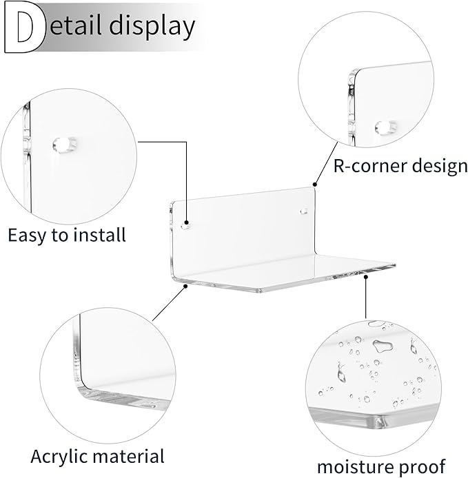 8 Inch Clear Shelf for Wall, Acrylic Small Floating Shelf, Home Wall Shelf Organizer for Room Storage, Room Décor, Space Saving, 4'' Depth, 2 Pack