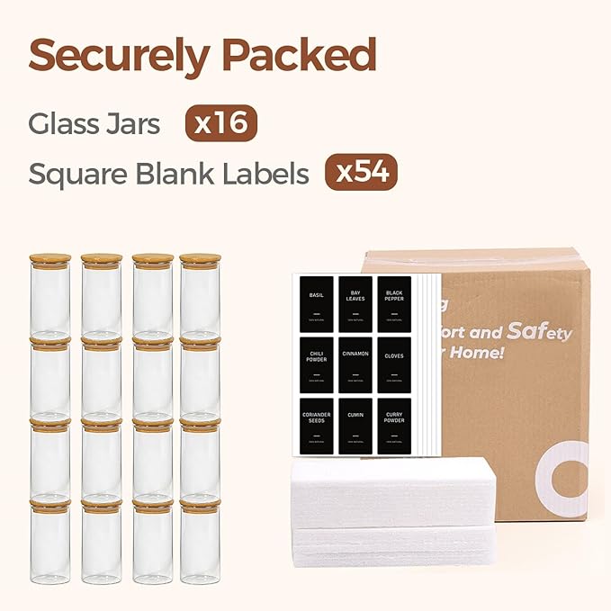 ComSaf Spice Jars with Label 4oz 16 Pack, Glass Spice Jars with Bamboo Lid, Small Seasoning Containers with 54 Black Labels, Stackable for Kitchen, Pantry Organization, Loose Tea, Herbs, Powders, Salt
