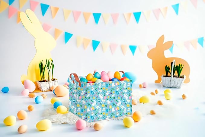 CLOCOR Rectangular Easter Gift Basket Empty,Waterproof Toy Bin with Handles,Books Basket,Room Decor(Rabbits Easter Basket)