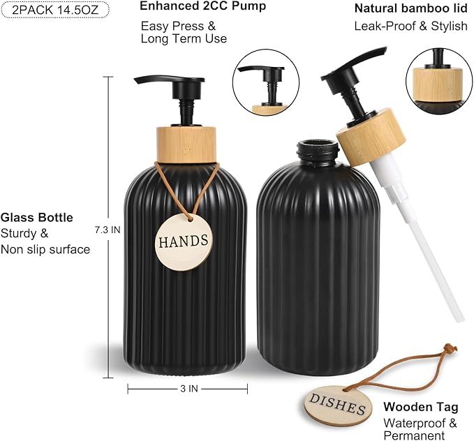2 Pack ViserVita Glass Soap Dispenser Set with Bamboo Pump,Refillable Liquid Hand soap Dispenser for Bathroom, Premium Kitchen Sink Soap Dispenser