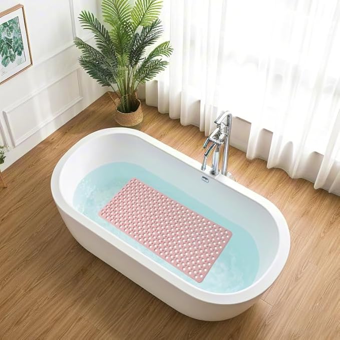 Nonslip Bathtub Mat Extra Soft TPE Bath Mat for Kids, Machine Washable Bathroom Shower Mat, Smooth/Non-Textured Tubs Only, 35L x 16W Inch (Pink)