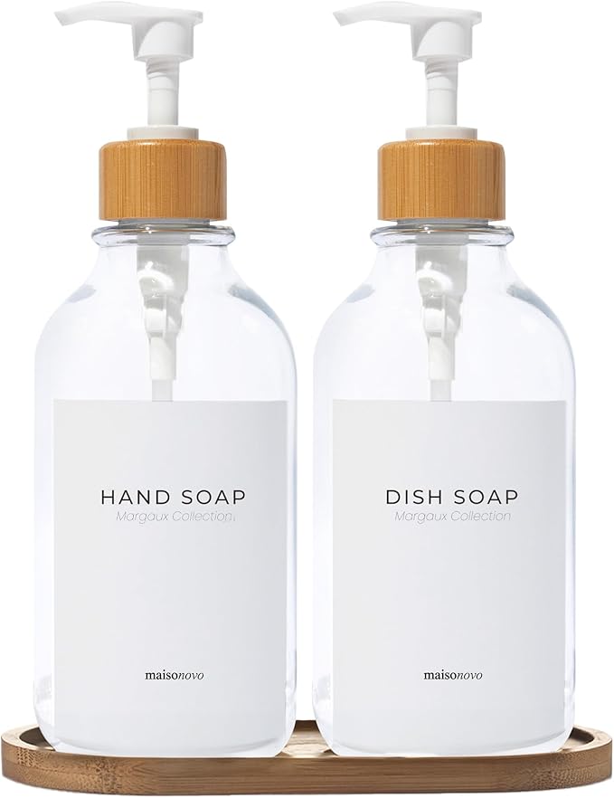 MaisoNovo Hand and Dish Soap Dispenser for Kitchen Set of 2-16.9oz Clear Dish and Hand Soap Dispenser Set for Kitchen - Clear Plastic Bottles x 2 with White Bamboo Pumps & Tray