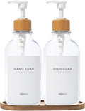 MaisoNovo Hand and Dish Soap Dispenser for Kitchen Set of 2-16.9oz Clear Dish and Hand Soap Dispenser Set for Kitchen - Clear Plastic Bottles x 2 with White Bamboo Pumps & Tray