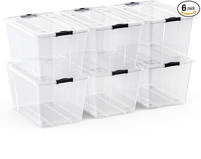 Lifetime Appliance Parts 6 PACK 54 Qt. Plastic Storage Bin Tote Organizing Container with Ultra Durable Lid & Secure Latching Buckles Stackable Extra Strength Clear w/Black Handle