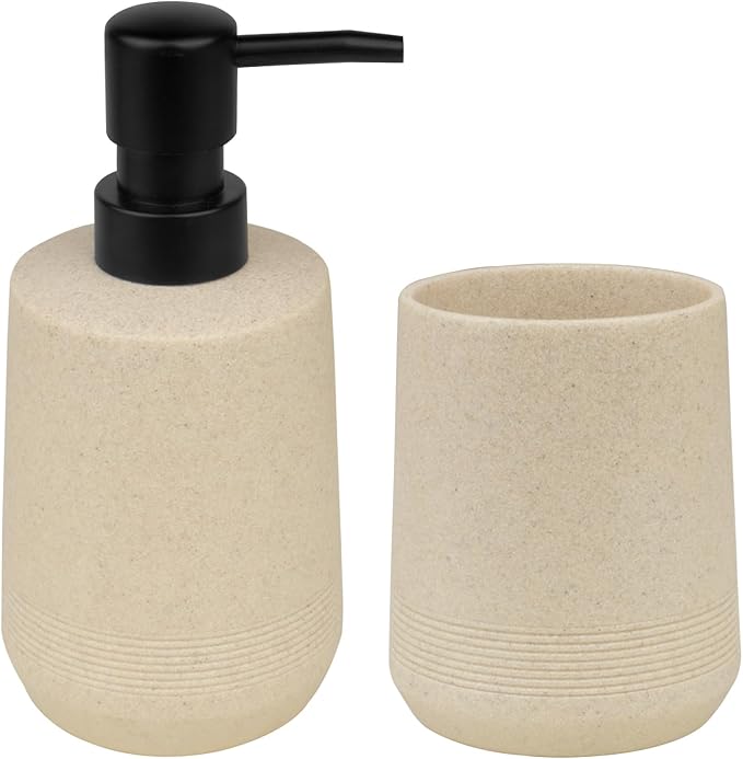 Bathroom Accessories Set, 2Pack Soap Dispenser & Toothbrush Holder in Warm Beige, Handcrafted Resin Texture, Minimal Boho Decor for Vanity & Bathroom Cabinet