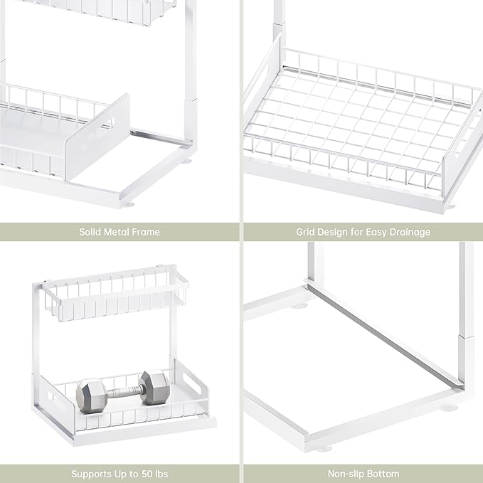 VUSIGN Under Kitchen Sink Organizer 2 Tier, Pull Out Bathroom Sink Organizers and Storage, Cabinet Kitchen Bathroom Storage Organization Shelf, 2 Pack White