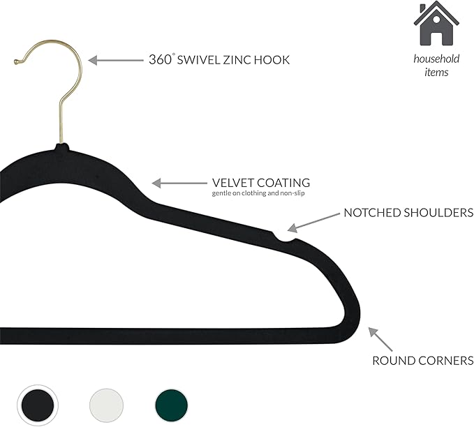 Simplify Slim Velvet Gold Hook Clothes Hangers 25 Pack Non-Slip Shirts Suit Pants Dresses Garments Closet Storage & Organization Durable Black