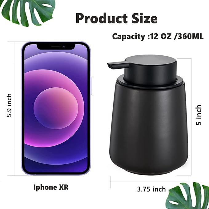 12Oz Foam Hand Soap Dispenser - Black Foaming Soap Dispenser Bathroom with Easy-to-Press Pump, Refillable Liquid Lotion Hand Soap Dispenser, Ceramic Kitchen Dish Soap Dispenser Hand Wash Dispenser