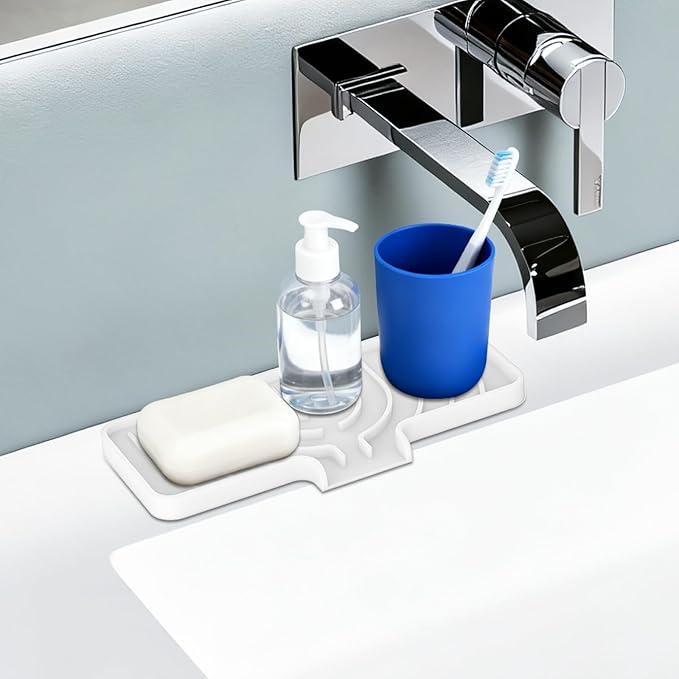 Silicone Sponge Holder for Kitchen Sink With Drain Spout, Self Draining, Kitchen Soap Tray, Bathroom Organizer, Sink Caddy, Perfect for Dispenser, Scrubber, Bottle, Cup on Counter (White, 10×4)