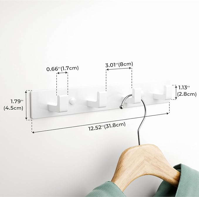 GWAAZXGZ White Coat Rack Wall Mount - 12.5 inch Modern Metal Hook Rail with 4 Right-Angle Hooks, Drill-Mounted Organizer for Coats, Hats, Bags in Entryway, Bathroom, Bedroom (1 Pack)