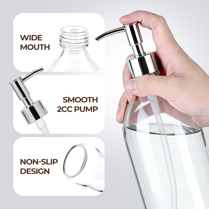16 oz Clear Glass Soap Dispenser with Plastic Silver Pump, Glass Pump Bottle for Lotion Body Oil, 500ml Hand and Dish Soap Dispensers for Bathroom Kitchen - 2 Pack