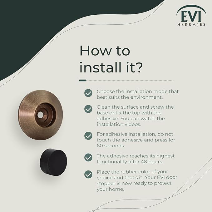EVI Herrajes | Doorstop for Wall Placement | 45 x 17 mm | Antique Brass | Black and White Rubber Included | Adhesive Installation or with Screw