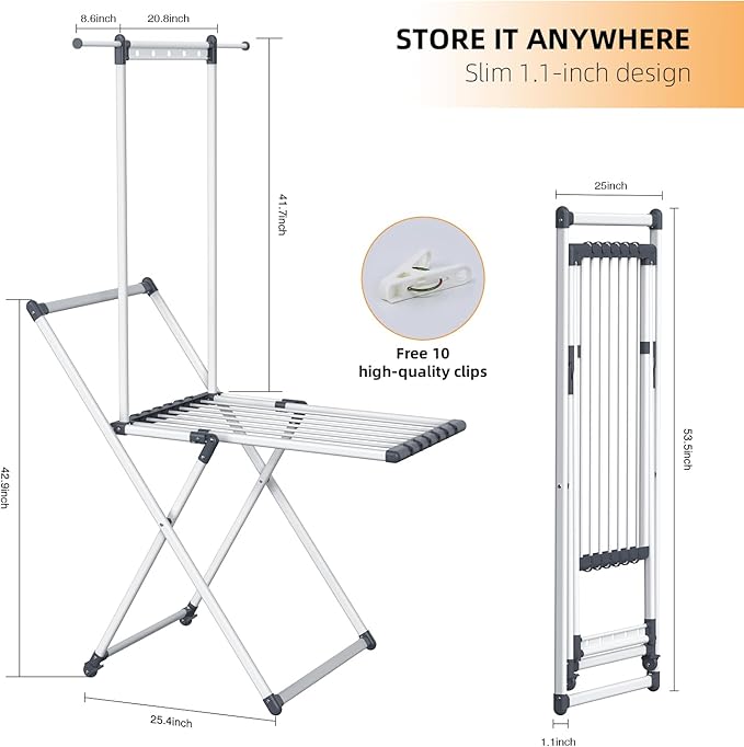 Unkqan Clothes Drying Rack, Foldable Laundry Rack for Indoor Outdoor, 10pcs Sock Clips, Collapsible Space-Saving Drying Rack for Clothes Towels Dolls, White (Gray-Hanger)