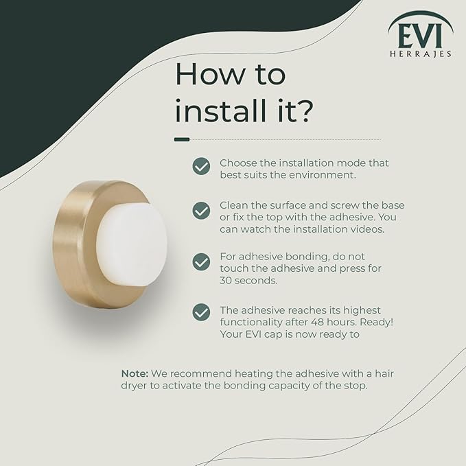 EVI | Wall Mounted Doorstop | Natural Silicone | Adhesive or Screw Installation | Stainless Steel | Mod. I-254 (Brass Matte - White Rubber)